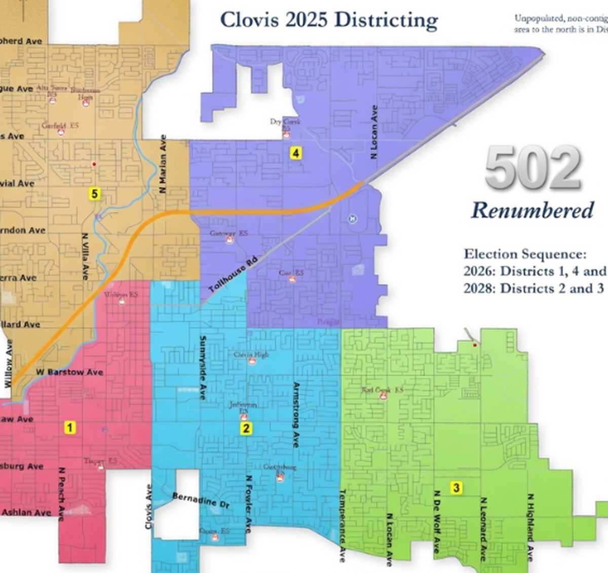 Map of the five Clovis City Council districts, with District 5 shown in the northern portion of the city